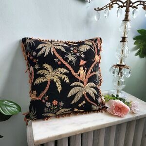 Vintage Tapestry Pillow Decorative Tropical Monkey Palm Tree Beaded Edge Feather